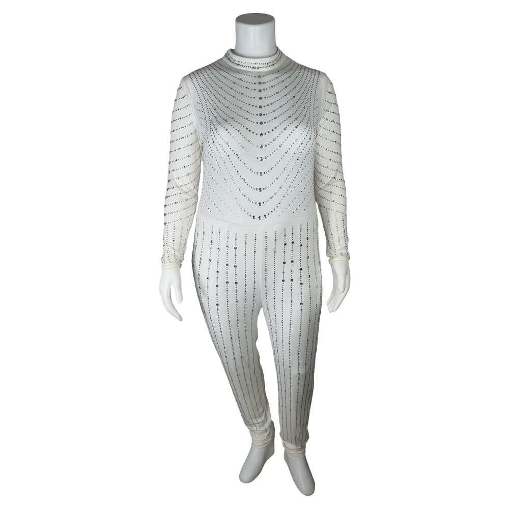 Curvy Sense White Rhinestone Embellished Mock Neck Long Sleeve Jumpsuit 3X